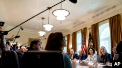 Secretary of Veterans Affairs Robert Wilkie, left, and CIA Director Gina Haspel, center, attend a cabinet meeting in the Cabinet Room of the White House, Aug. 16, 2018, in Washington.