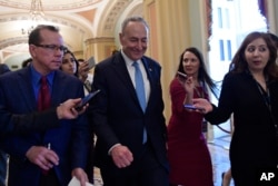 FILE - Senate Minority Leader Sen. Chuck Schumer of N.Y., is followed by reporters as he returns to Capitol Hill in Washington, Jan. 4, 2019.