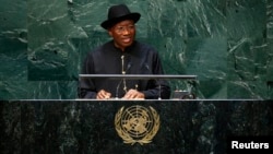 Nigerian president Goodluck Ebele Jonathan addresses the 69th United Nations General Assembly at the U.N. headquarters in New York, Sept. 24, 2014. 