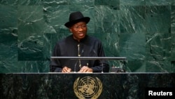 FILE - Nigerian president Goodluck Ebele Jonathan addresses the 69th United Nations General Assembly at the U.N. headquarters in New York.