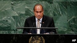 FILE - President Taneti Maamau of Kiribati addresses the 73rd session of the United Nations General Assembly, Sept. 26, 2018, at the United Nations headquarters.
