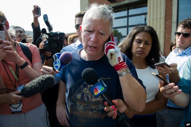 Rep. Mo Brooks, R-Ala. meets with reporters in Alexandria, Va., June 14, 2017, after House Majority Whip Steve Scalise was shot at a congressional baseball practice just outside of Washington.