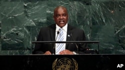 FILE - Vice President Mokgweetsi Eric Masisi of Botswana addresses the United Nations General Assembly, at U.N. headquarters, Thursday, Sept. 21, 2017.