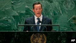 김성 유엔주재 북한대사가 지난 9월 뉴욕 유엔본부에서 진행된 제76차 유엔총회에서 연설하고 있다.