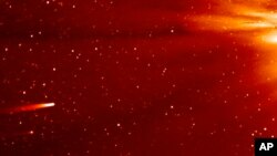 Gambar dari pesawat antariksa NASA menunjukkan omet komet ISON (kiri) saat mendekati matahari (28/11). 
