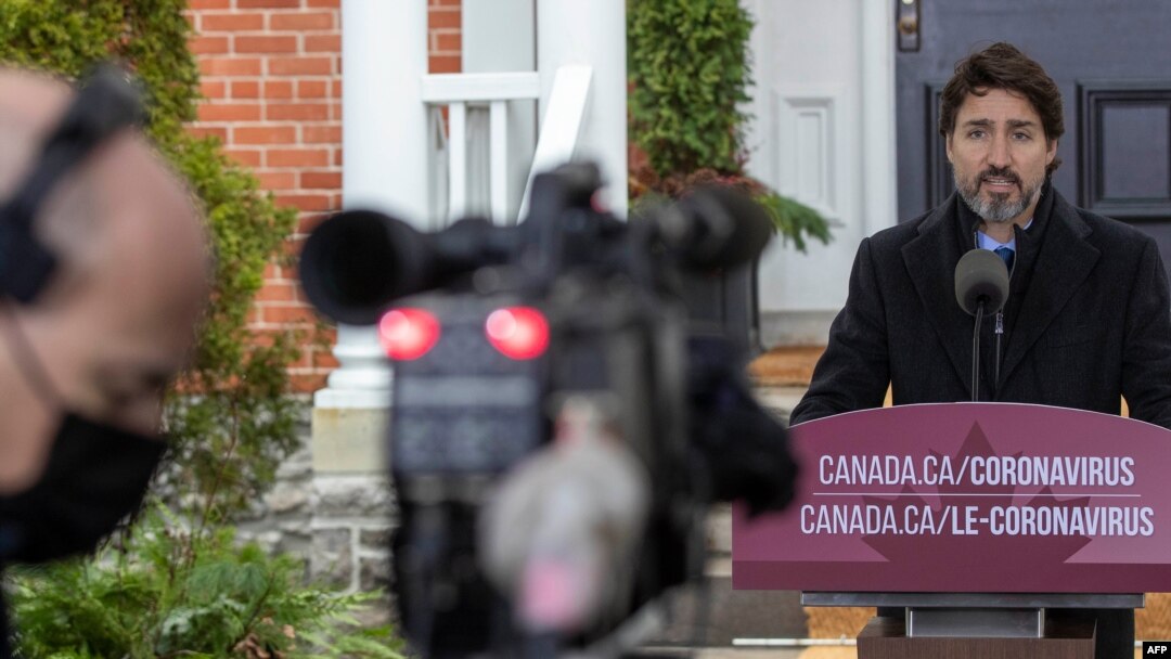 Canadian Prime Minister Justin Trudeau speaks during a COVID-19 pandemic briefing from Rideau Cottage, in Ottawa, Nov. 20, 2020.