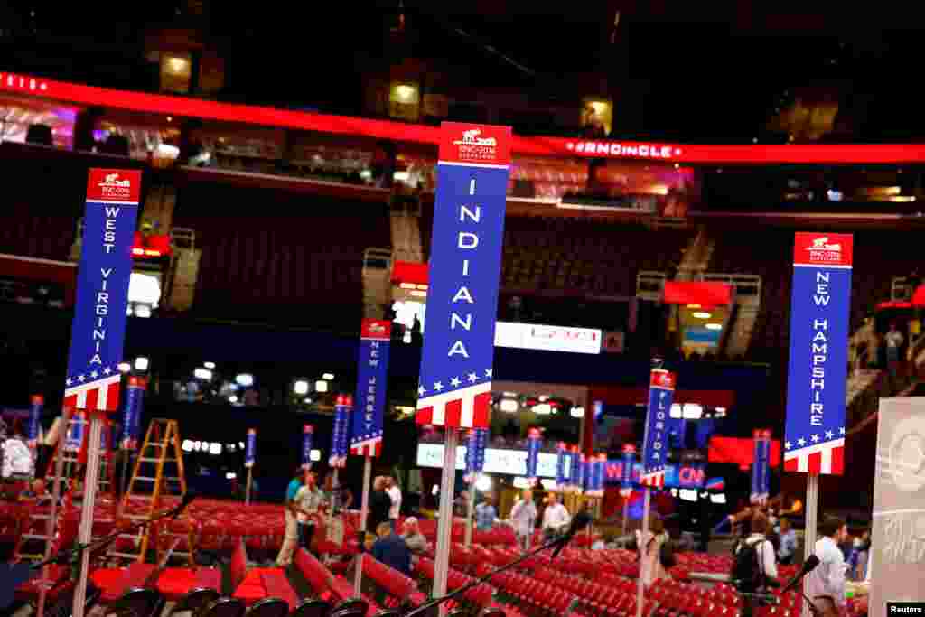 Signs designating specific state delegations are seen on the floor of Quicken Loans Arena where the Republican National Convention is going to be hled in Cleveland, July 16, 2016.