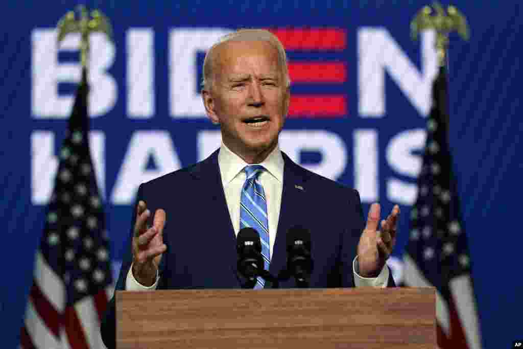 Candidat démocrate Joe Biden, vice-président ya kala azali kolobam na Wilmington, Delaware, 6 novembre 2020. (AP Photo/Carolyn Kaster)