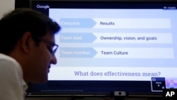 Google director of People Analytics Abeer Dubey, left, and director of People Operations Danielle Hair, on screen, are interviewed in Mountain View, Calif. on Nov. 12, 2015.