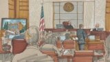 In this courtroom sketch, prosecuting attorney Eric G. Olshan questions witness Rabbi Jeffrey Myers of the Tree of Life Congregation, in the federal trial for 2018 synagogue massacre suspect Robert Bowers, on May 30, 2023, in Pittsburgh. 