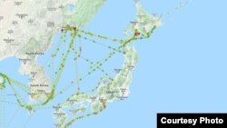 샤이닝 리치호의 최근 1년간 항적. 일본 항구에 여러 차례 드나든 것으로 나타났다. 한국 부산 인근을 지나치긴 했지만 실제 입항하진 않았다. 출처: MarineTraffic. 