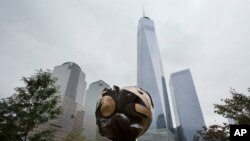 The Koenig Sphere is on display in Liberty Park adjacent to the World Trade Center, Sept. 6, 2017, in New York. 