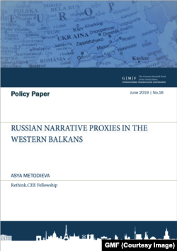 Naslovna strana analize "„Prenosioci ruskog narativa na Zapadnom Balkanu“, autorke Asje Metodijeve, koji je objavio Nemački Maršalov fond u SAD