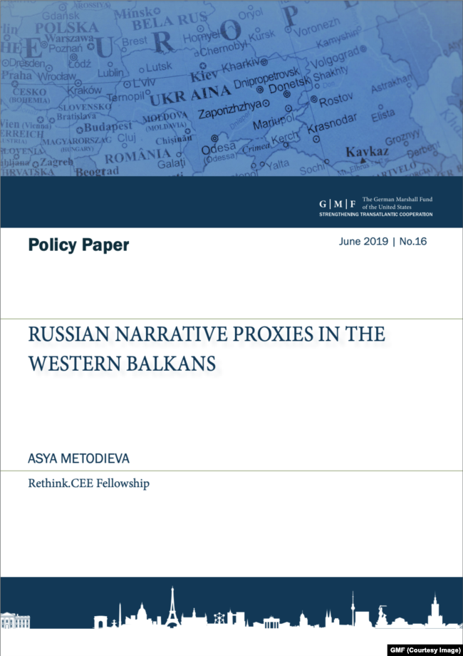 Naslovna strana analize "„Prenosioci ruskog narativa na Zapadnom Balkanu“, autorke Asje Metodijeve, koji je objavio Nemački Maršalov fond u SAD