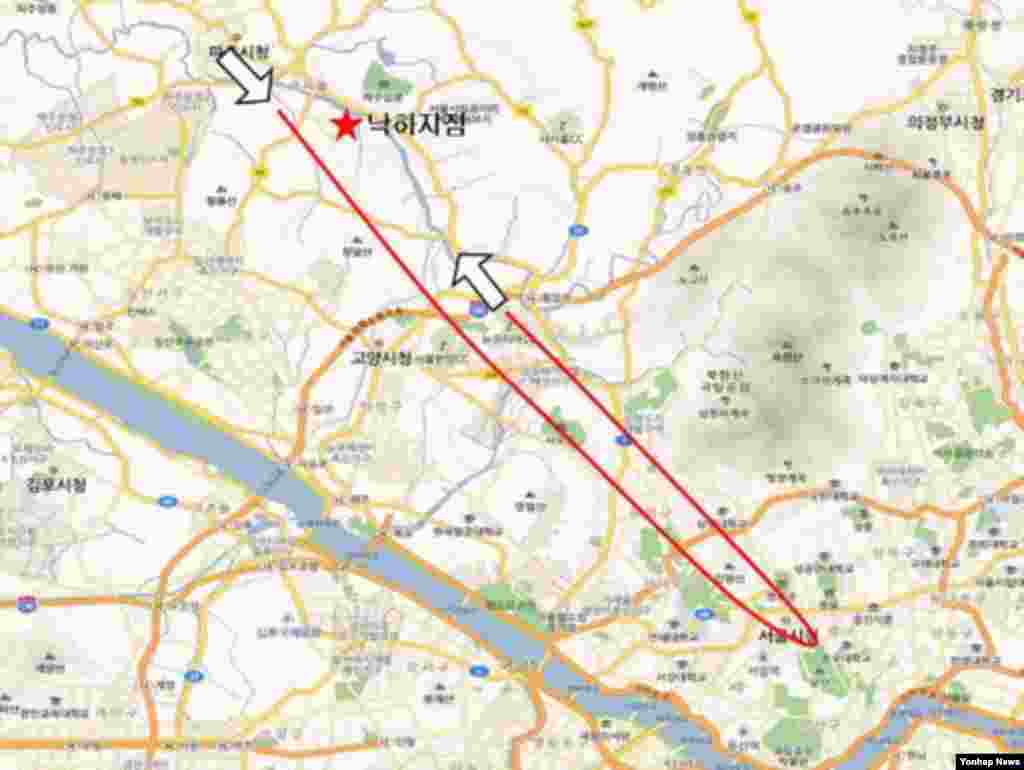 파주에 추락한 북한 발진 추정 무인기의 비행경로.