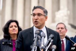 Neal Katyal, the attorney who argued against the Trump administration in the case Trump v. Hawaii, speaks to members of the media outside the Supreme Court, April 25, 2018, in Washington.