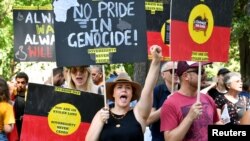  Protesters take part in an Invasion Day Rally in Sydney, Jan, 26, 2019.