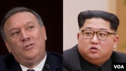 លោក Mike Pompeo (ឆ្វេង) នាយក​ទីភ្នាក់ងារ​ស៊ើបការណ៍​សម្ងាត់ (CIA) និង​រូប​លោក គីម ជុងអ៊ុន មេដឹកនាំ​កូរ៉េ​ខាង​ជើង។