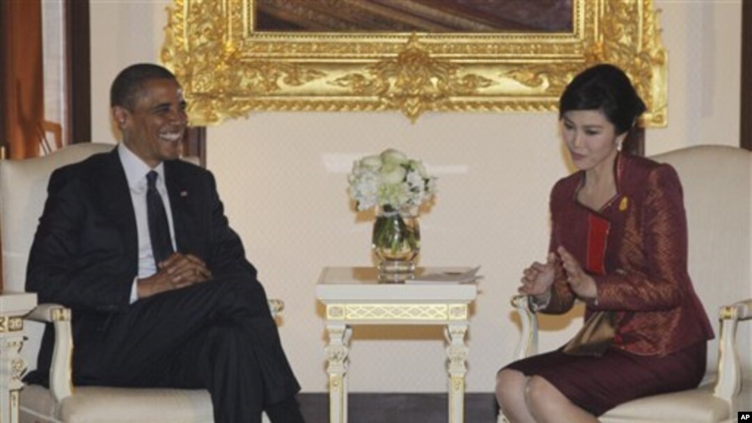 Dalam pembicaraan dengan Perdana Menteri Thailand Yingluck Shinawatra, Presiden Amerika President Barack Obama menegaskan lagi hubungan politik, ekonomi, dan keamanan yang erat antara kedua negara (foto, 18/11/2012).. 