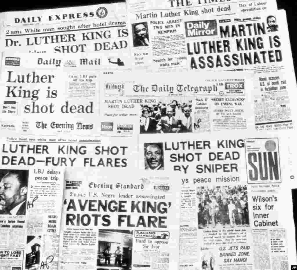 Les unes des journaux du matin à Londres au lendemain de l&#39;assassinat de Martin Luther King, le 5 avril 1968.