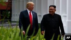 President Donald Trump walks with North Korean leader Kim Jong Un on Sentosa Island, Tuesday, June 12, 2018, in Singapore. 