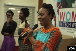 Women In Tech Africa founder Ethel Cofie speaks at the opening of the annual Women in Tech event in Accra. (S. Knott/VOA)
