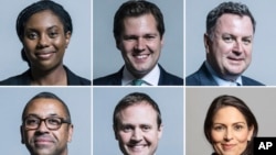 Esta combinación de imágenes muestra retratos de seis conservadores que aspiran a competir por el liderazgo del Partido Conservador. De izquierda a derecha: Kemi Badenoch, Robert Jenrick y Mel Stride; abajo, de izquierda a derecha: James Cleverly, Tom Tugendhat y Priti Patel. 