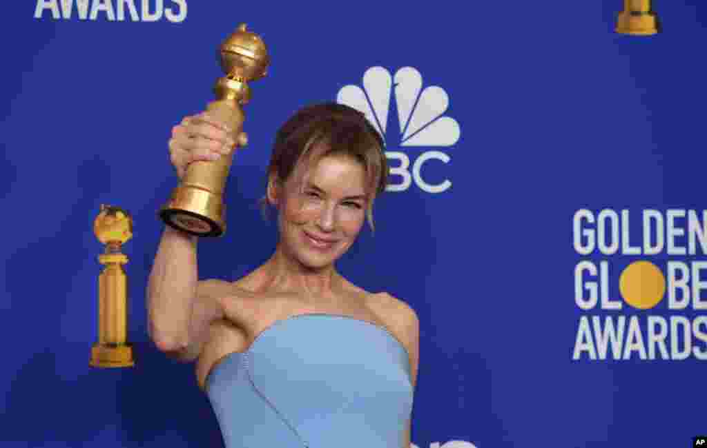 Renee Zellweger poses with the award for best performance by an actress in a motion picture drama for &quot;Judy&quot; at the 77th annual Golden Globe Awards at the Beverly Hilton Hotel, Jan. 5, 2020, in Beverly Hills, California.