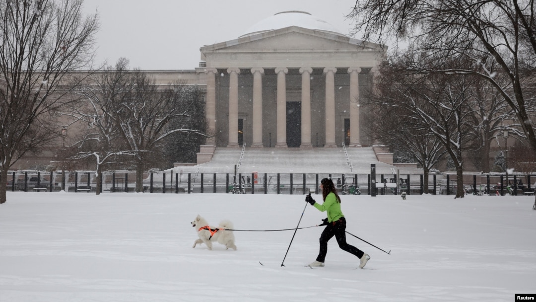 FILE - A woman goes skiing with a dog near the National Gallery of Art, as a winter storm that brought snow, ice and freezing temperatures to a broad swath of the U.S. arrived in Washington, Jan. 6, 2025.
