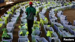 Ballot boxes and election materials are seen at a tallying center in Kisumu, Kenya, Oct. 27, 2017.