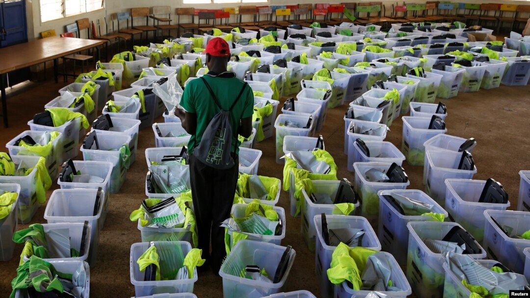 Ballot boxes and election materials are seen at a tallying center in Kisumu, Kenya, Oct. 27, 2017.
