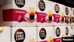 FILE - Instant coffee maker Nescafe boxes are pictured in the supermarket of Nestle headquarters in Vevey, Switzerland, February 16, 2017. (REUTERS/Pierre Albouy)