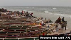 FILE: A horse cart drives through the water past fishing boats lining an oceanside beach, in Saint-Louis, Senegal, Sunday, May 19, 2013.