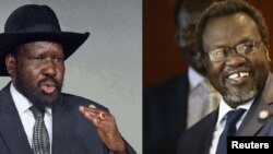 Montage of South Sudanese President Salva Kiir (L) and former vice president turned rebel leader Riek Machar, who held face-to-face talks in Addis Ababa on Thursday, Jan. 29, 2014.