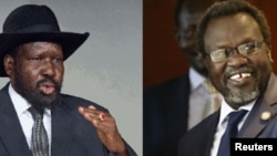 Montage of South Sudanese President Salva Kiir (L) and former vice president turned rebel leader Riek Machar. Mr. Kiir was absent when Machar met Wednesday, Sept. 16, 2013, with the presidents of Sudan and Uganda. 