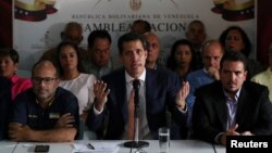 Venezuelan opposition leader Juan Guaido, who many nations have recognized as the country's rightful interim ruler, speaks during a news conference in Caracas, Venezuela May 9, 2019. 