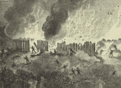 A 19th-century engraving depicting the burning of a Pequot Nation fort, believed to be the Mystic massacre in 1637. (New York Public Library)