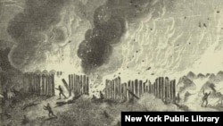 A 19th-century engraving depicting the burning of a Pequot Nation Fort, believed to be the Mystic massacre in 1637