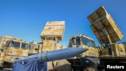 The domestically built mobile missile system Bavar-373 is displayed on the National Defense Industry Day in Tehran, Iran, Aug. 22, 2019. 