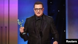 Brendan Fraser accepts the Outstanding Performance by a Male Actor in a Leading Role for "The Whale" during the 29th Screen Actors Guild Awards in Los Angeles, California, Feb. 26, 2023.