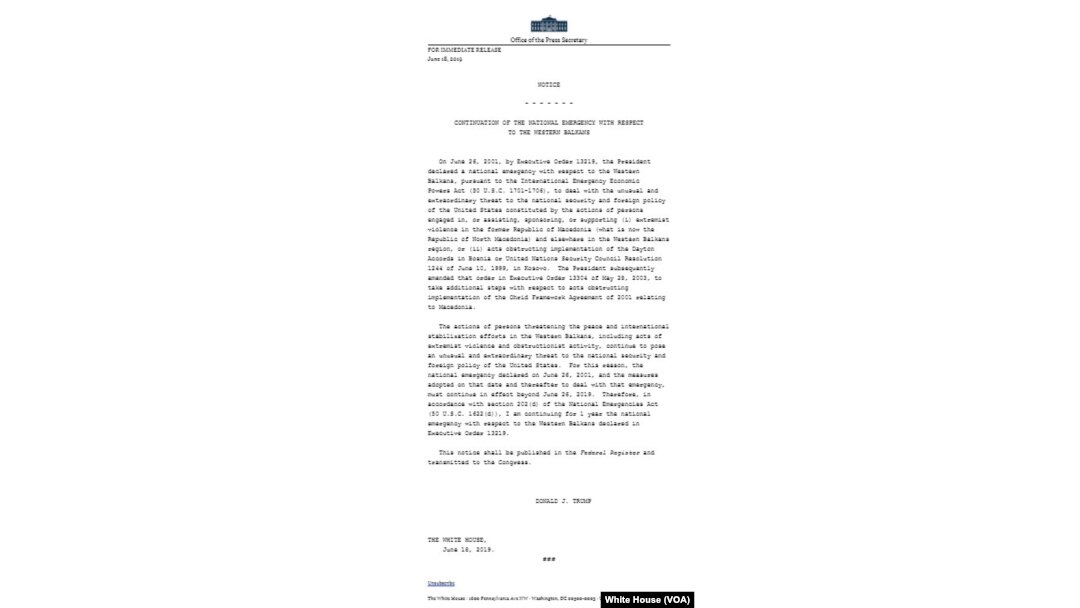 Tekst obveštenja o produženju važenja Uredbe o povišenom stepenu upozorenja u vezi sa Zapadnim Balkanom (Izvor: Bela kuća)