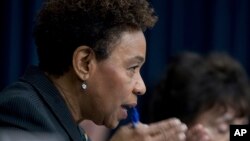 Rep. Barbara Lee, D-Calif., questions U.S. Ambassador to the U.N. Nikki Haley as she testifies on Capitol Hill in Washington, June 27, 2017, before the House State, Foreign Operations, and Related Programs subcommittee budget hearing on the United Nations and International Organizations.