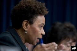 Rep. Barbara Lee, D-Calif., questions U.S. Ambassador to the U.N. Nikki Haley as she testifies on Capitol Hill in Washington, June 27, 2017, before the House State, Foreign Operations, and Related Programs subcommittee budget hearing.