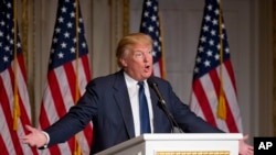Republican presidential candidate Donald Trump speaks during the Palm Beach County GOP Lincoln Day Dinner at the Mar-A-Lago Club in Palm Beach, Florida, March 20, 2016.
