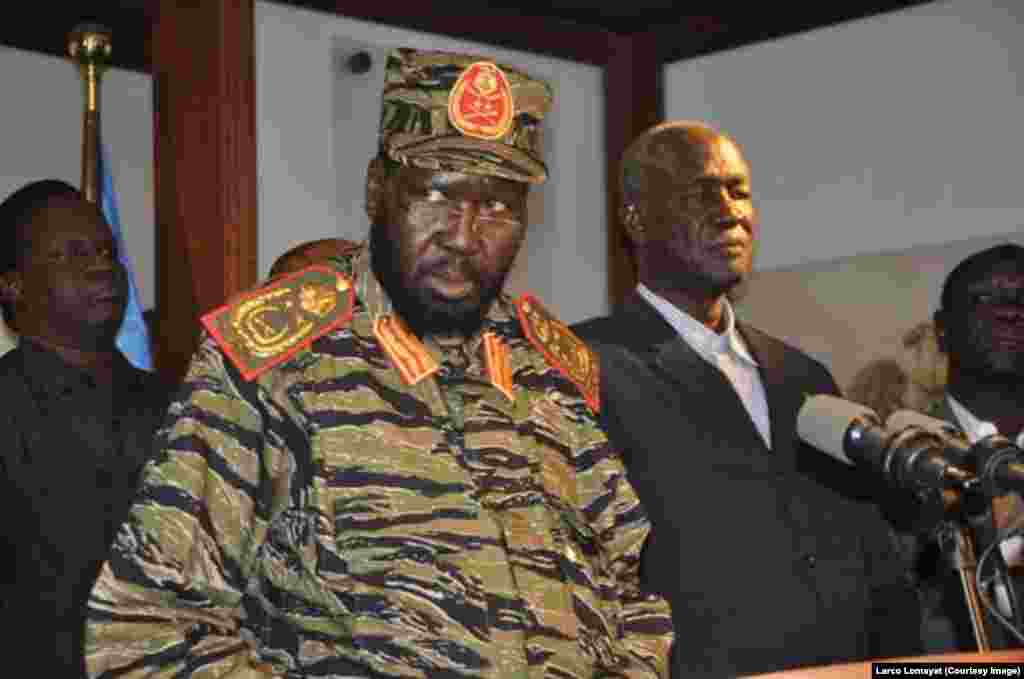 South Sudan President Salva Kiir tells reporters at a news conference in Juba on Monday, December 16, 2013 that the government has "full control" of the situation in the capital after what he says was an overnight coup attempt.