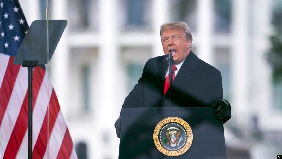 FILE - President Donald Trump speaks at a rally protesting the certification of Joe Biden as President, Jan. 6, 2021, in Washington. A federal appeals court rejected Trump’s claim that he has immunity from charges that he plotted to overturn his election defeat.