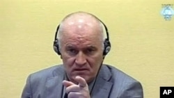 Wartime Bosnian Serb army chief Ratko Mladic gestures at his long-awaited first appearance before a U.N. judge in The Hague, June 3, 2011