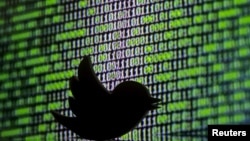 FILE - A 3D-printed Twitter logo is seen in front of a cyber code display in an illustration produced March 22, 2016. 