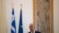 FILE - Greek Foreign Minister Nikos Dendias speaks during a news conference with his Spanish counterpart, Arancha Gonzalez Laya, after their meeting in Athens, July 28, 2020. 