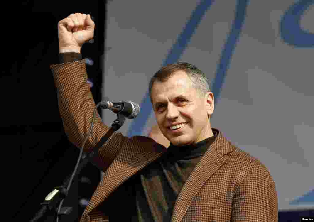 Vladimir Konstantinov, speaker of the Crimean parliament, attends a pro-Russian rally in Simferopol, Crimea, March 9, 2014.
